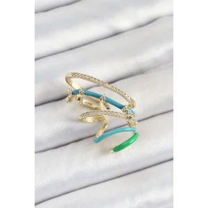 Pirinç Zirkon Taşlı Mavi Yeşil Sıkıştırma Sağ Kıkırdak Gold Renk Kadın Küpe