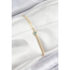 Pirinç Zirkon Taşlı Nazar Model Ezme Zincir Gold Renk Kadın Bileklik