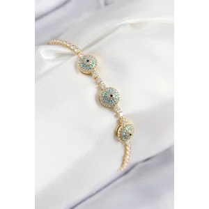 Pirinç Zirkon Taşlı Nazar Model Gold Renk Kadın Bileklik
