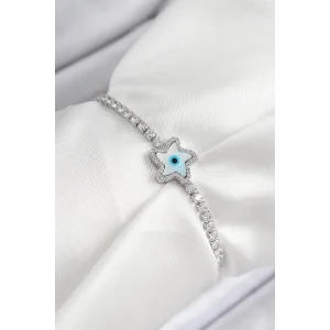 Pirinç Zirkon Taşlı Nazar Yıldız Model Gümüş Renk Asansörlü Kadın Bileklik