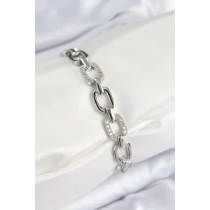 Pirinç Zirkon Taşlı Parçalı Zincir Model Gümüş Renk Kadın Bileklik