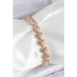 Pirinç Zirkon Taşlı Pembe Kalp Baget Model Gold Renk VIP Seri Kadın Bileklik
