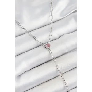 Pirinç Zirkon Taşlı Pembe Kalp Figürlü Y Model Gümüş Renk Kadın Kolye