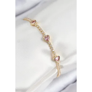 Pirinç Zirkon Taşlı Pembe Kalp Model Gold Renk Kadın Bileklik