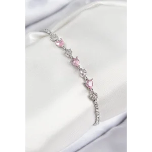Pirinç Zirkon Taşlı Pembe Kalp Model Gümüş Renk Kadın Bileklik