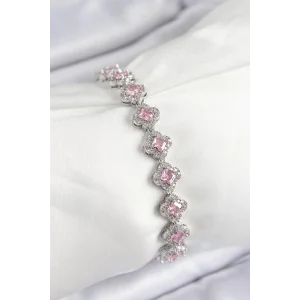 Pirinç Zirkon Taşlı Pembe Yonca Baget Model Gümüş Renk VIP Seri Kadın Bileklik