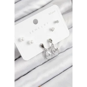 Pirinç Zirkon Taşlı Sallantılı Damla Model Gümüş Renk 925 Ayar Gümüş Çivi Kadın Küpe Set