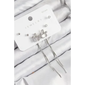 Pirinç Zirkon Taşlı Sallantılı Fiyonk Model Gümüş Renk 925 Ayar Gümüş Çivi Kadın Küpe Set