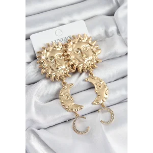 Pirinç Zirkon Taşlı Sallantılı Güneş Model Gold Renk Kadın Küpe