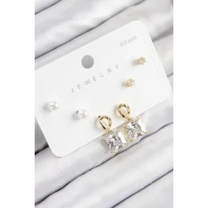 Pirinç Zirkon Taşlı Sallantılı Kare Model Gold Renk 925 Ayar Gümüş Çivi Kadın Küpe Set
