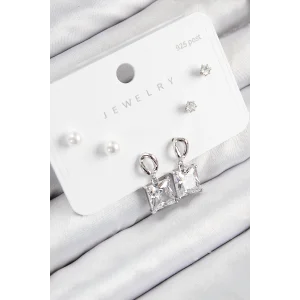 Pirinç Zirkon Taşlı Sallantılı Kare Model Gümüş Renk 925 Ayar Gümüş Çivi Kadın Küpe Set
