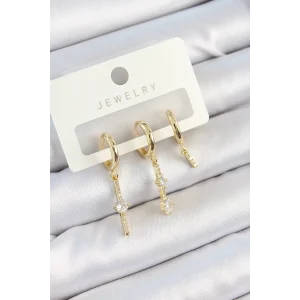 Pirinç Zirkon Taşlı Sallantılı Model Gold Renk 3lü Çift Kadın Küpe Set
