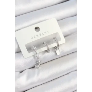 Pirinç Zirkon Taşlı Sallantılı Model Gümüş Renk 3lü Çift Kadın Küpe Set