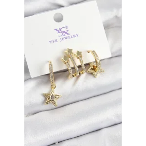 Pirinç Zİrkon Taşlı Sallantılı Yıldız Model Gold Renk 3lü Kadın Küpe