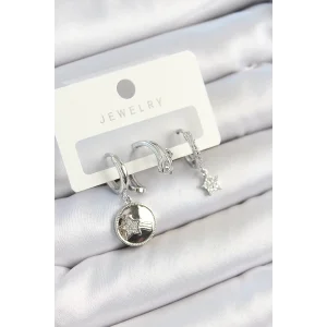 Pirinç Zirkon Taşlı Sallantılı Yıldız Model Gümüş Renk 3lü Çift Kadın Küpe Set