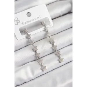 Pirinç Zirkon Taşlı Sallantılı Yıldız Model Gümüş Renk Kadın Küpe