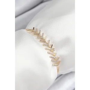 Pirinç Zirkon Taşlı Sıralı Ok Model Gold Renk Asansörlü Kadın Bileklik