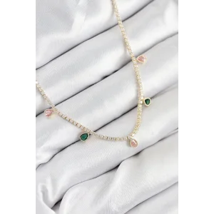 Pirinç Zirkon Taşlı Su Yolu Damla Model Gold Renk Kadın Kolye