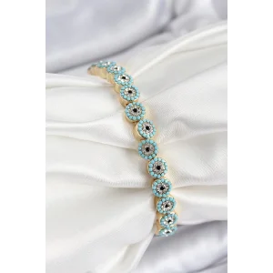 Pirinç Zirkon Taşlı Turkuaz Nazar Model Gold Renk Lastikli Kadın Bileklik