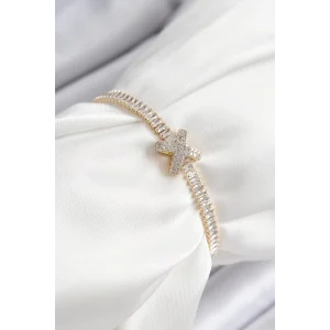 Pirinç Zirkon Taşlı X Detaylı Su Yolu Model Gold Renk Asansörlü Kadın Bileklik