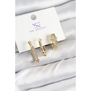 Pirinç Zİrkon Taşlı Yıldız Model Gold Renk 3lü Kadın Küpe