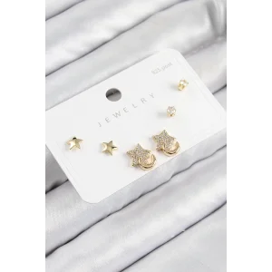 Pirinç Zirkon Taşlı Yıldız Model Gold Renk 925 Ayar Gümüş Çivi Kadın Küpe Set