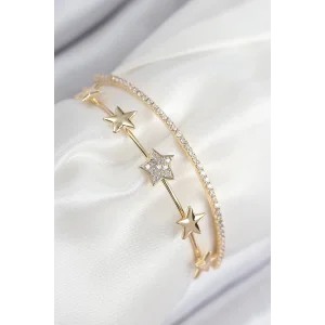 Pirinç Zirkon Taşlı Yıldız Model Gold Renk Kadın Bileklik