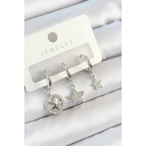 Pirinç Zirkon Taşlı Yıldız Model Gümüş Renk 3lü Çift Kadın Küpe Set