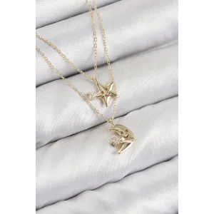 Pirinç Zirkon Taşlı Yıldız Ve Ay Model Gold Renk Kadın Kolye