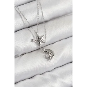 Pirinç Zirkon Taşlı Yıldız Ve Ay Model Gümüş Renk Kadın Kolye