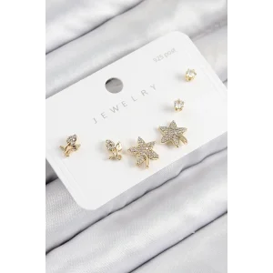 Pirinç Zirkon Taşlı Yıldız Ve Gül Model Gold Renk 925 Ayar Gümüş Çivi Kadın Küpe Set