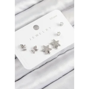 Pirinç Zirkon Taşlı Yıldız Ve Gül Model Gümüş Renk 925 Ayar Gümüş Çivi Kadın Küpe Set