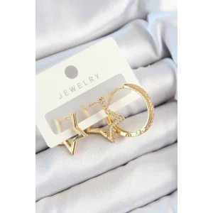 Pirinç Zirkon Taşlı Yıldız Ve Halka Model Gold Renk 3lü Çift Kadın Küpe Set