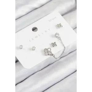 Pirinç Zirkon Taşlı Yonca Model Gümüş Renk 925 Ayar Gümüş Çivi Kadın Küpe Set