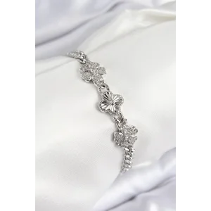 Pirinç Zirkon Taşlı Yonca Model Gümüş Renk Kadın Bileklik