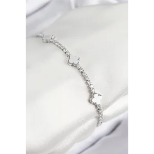 Pirinç Zirkon Taşlı Yonca Model Gümüş Renk Kadın Bileklik