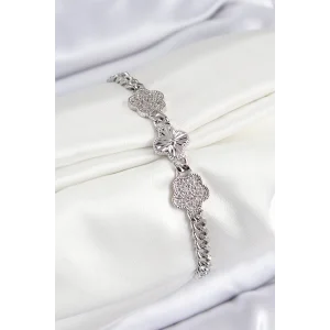 Pirinç Zirkon Taşlı Yonca Model Gümüş Renk Kadın Bileklik