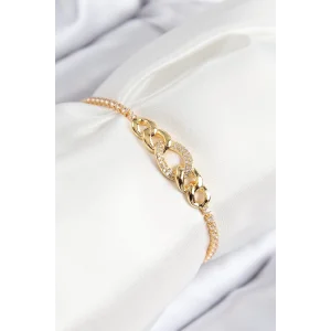 Pirinç Zirkon Taşlı Zincir Model Gold Renk Asansörlü Kadın Bileklik