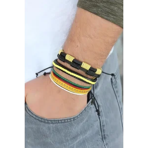 Sarı Renk Zımbalı Deri Erkek Bileklik Kombini