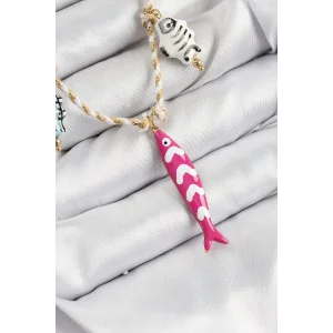Seramik Motifli Pembe Balık Figürlü Model Krem İp Kadın Kolye
