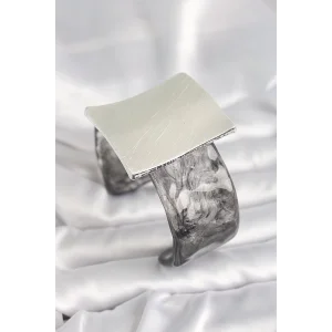 Siyah Mermer Desen Akrilik Plastik Gümüş Kare Plaka Model Vintage Kadın Bilezik