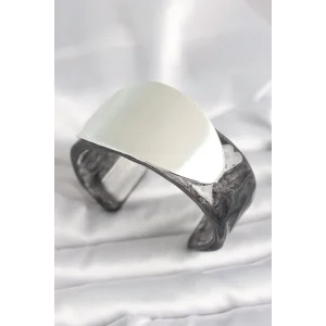 Siyah Mermer Desen Akrilik Plastik Gümüş Oval Plaka Model Vintage Kadın Bilezik