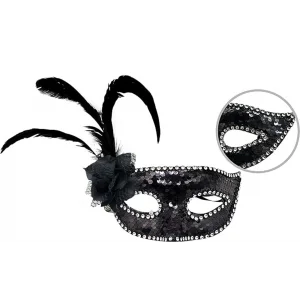 Siyah Renk Yandan Tüylü Güllü Gümüş Taşlı Pullu Maske 20x22 Cm