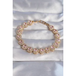 Vip Seri Pirinç Gold Renk Pembe Zirkon Taşlı Kalp Tasarımlı Bileklik