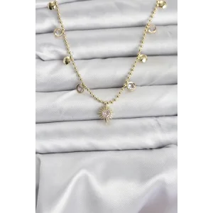 Zirkon Taşlı Kutup Yıldızı Model Pirinç Gold Renk Kadın Kolye