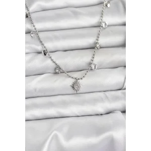 Zirkon Taşlı Kutup Yıldızı Model Pirinç Gümüş Renk Kadın Kolye