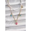 316L Çelik Gold Renk 2Li İnci Zincir Model Pembe Taşlı Kalp Figür Nazar Boncuk Detay Kadın Kolye