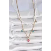 316L Çelik Gold Renk 2Li İnci Zincir Model Pembe Taşlı Kalp Figür Nazar Boncuk Detay Kadın Kolye