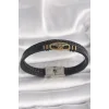 316L Çelik Gold Renk Gemi Dümen Figür Siyah Renk Çift Sıra Burgu Desenli Deri Kordon Erkek Bileklik