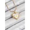 316L Çelik Zincir Beyaz Sanatsal Portre İnci Detaylı Papatya Figürlü Kalp Model Gold Renk Kadın Kolye